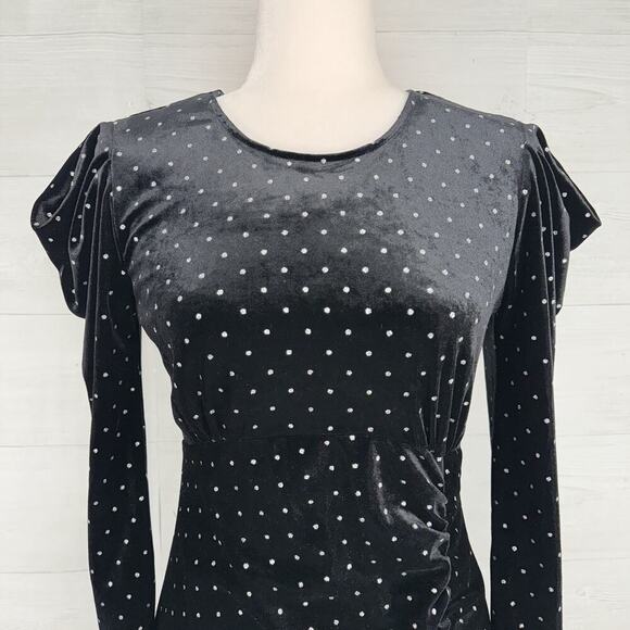 Betsey Johnson Black Velvet Dress M Power Sleeve Metallic Silver Dot Whimsigoth - Picture 3 of 16